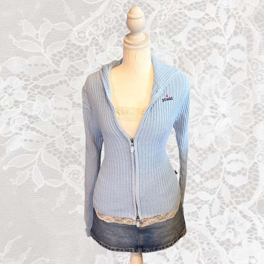 Vintage Y2K Mudd Sweaters Baby Blue Ribbed Knit Full Zip Hoodie